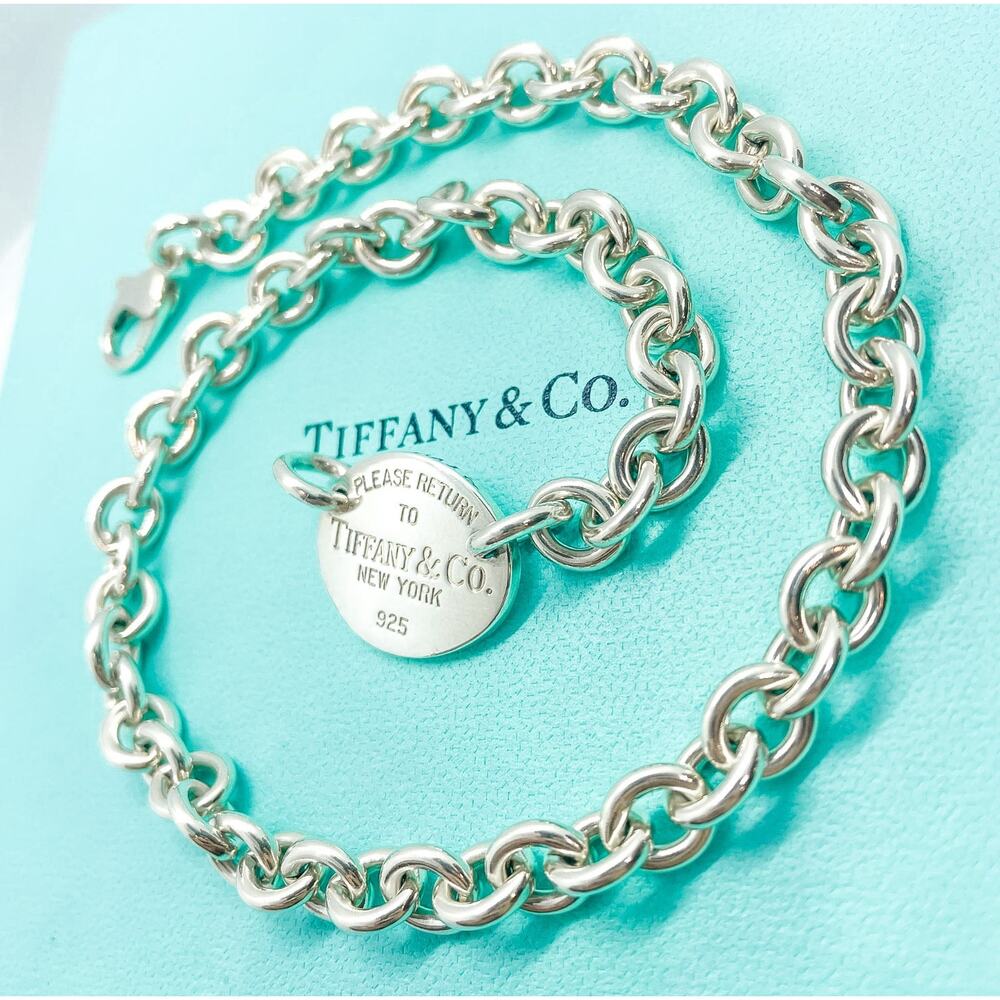 Tiffany & Co. Return To Sterling Silver Oval Tag Choker Pendant Necklace 15" - Picture 10 of 11